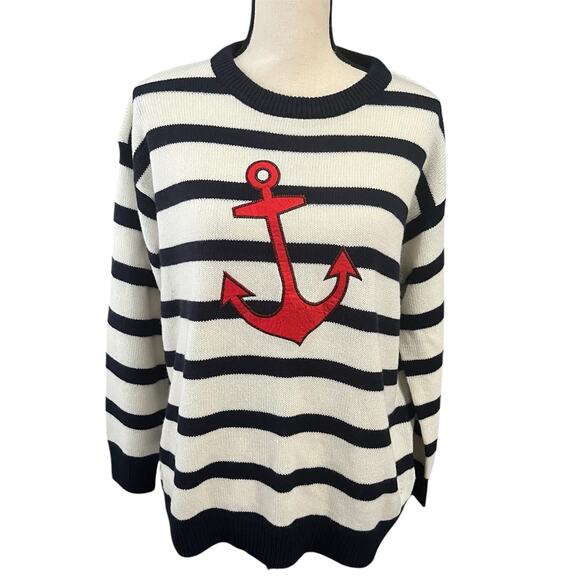 Brave Soul Women's Beige Navy Stripe Anchor Pirate Soft Crewneck Sweater Sz 16 - Picture 1 of 4